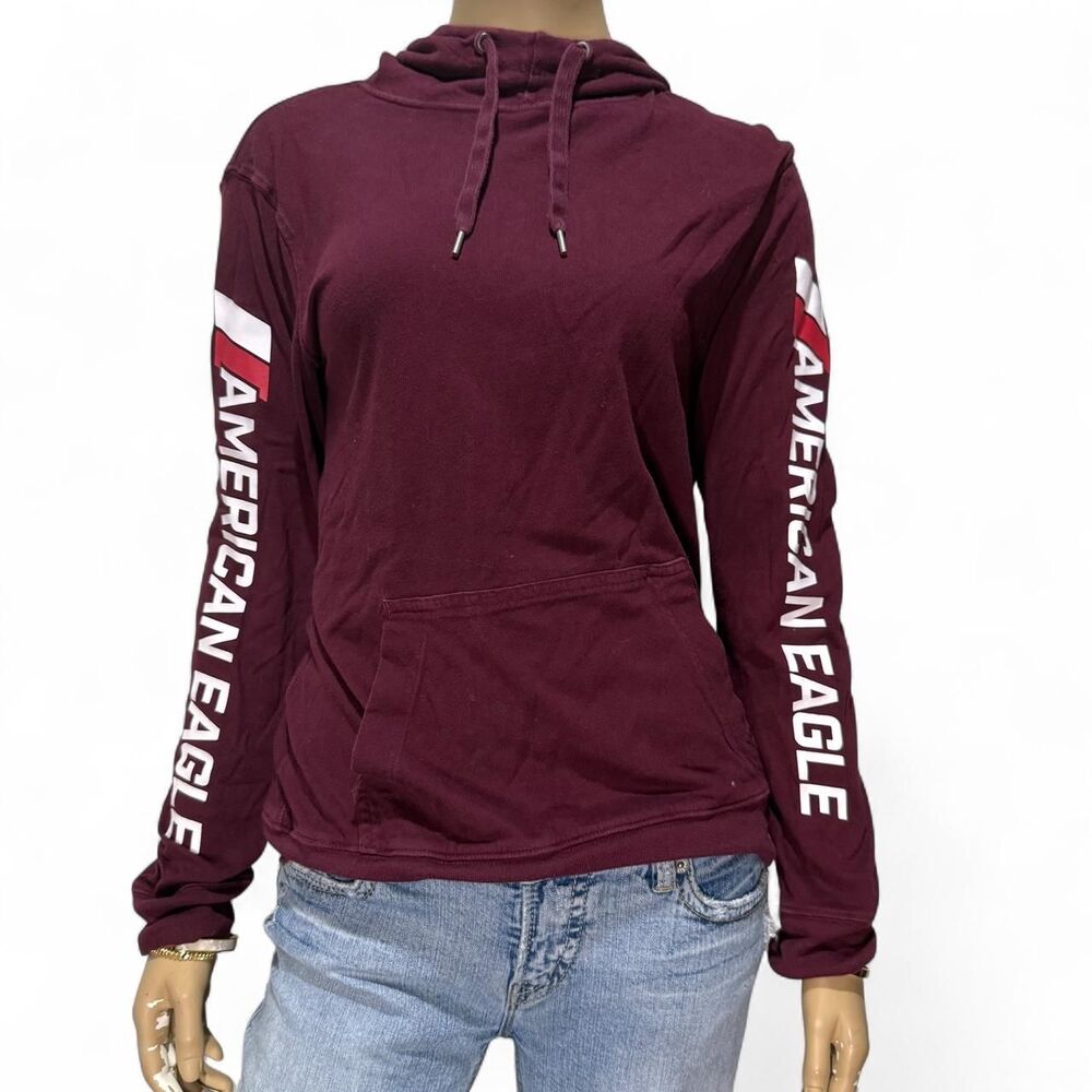 American Eagle Maroon Burgundy Spellout Sleeve Lightweight Hoodie Men’s Small